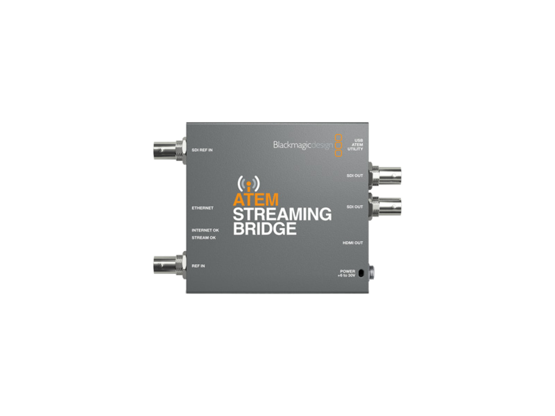 ATEM Streaming Bridge dispositivo de recepción de streaming IP que convierte vídeo H.264 en salidas SDI y HDMI para producción remota.