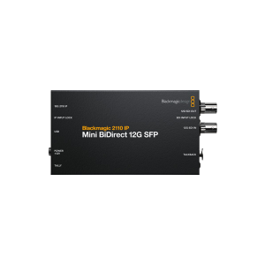 Conversor Blackmagic 2110 IP Mini BiDirect 12G SFP profesional para conversión bidireccional SMPTE ST 2110 y SDI 12G con conectividad de fibra óptica.