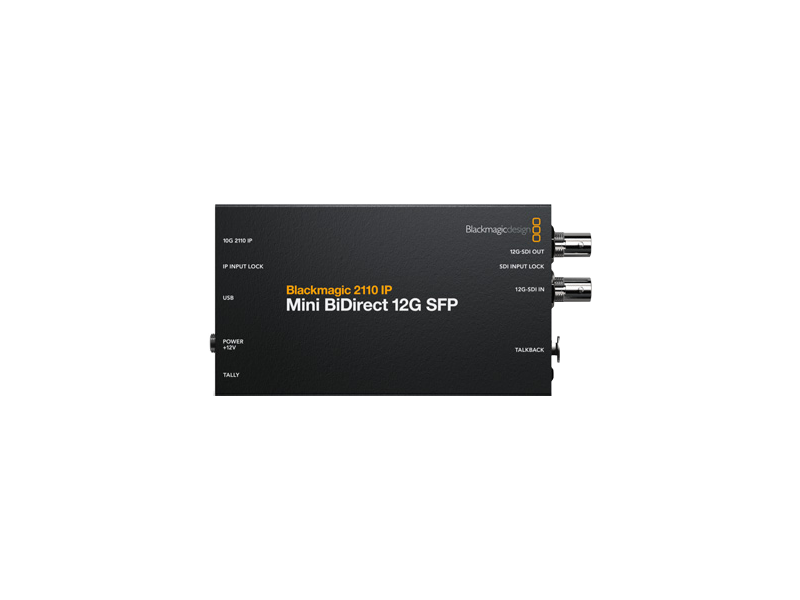Conversor Blackmagic 2110 IP Mini BiDirect 12G SFP profesional para conversión bidireccional SMPTE ST 2110 y SDI 12G con conectividad de fibra óptica.