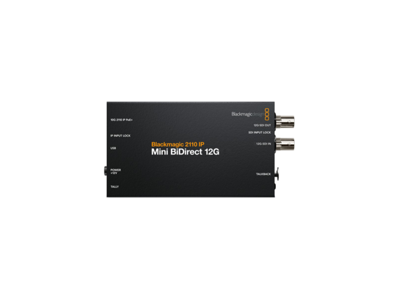 Conversor Blackmagic 2110 IP Mini BiDirect 12G profesional para conversión bidireccional entre SMPTE ST 2110 y SDI 12G en producción broadcast híbrida.