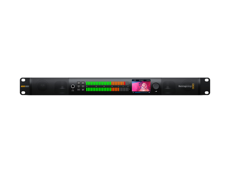 Blackmagic Audio Monitor 12G G3 monitor rack 1RU para audio broadcast con soporte SDI e IP y altavoces integrados.