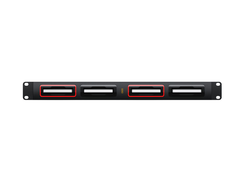 Sistema de almacenamiento compartido Blackmagic Cloud Dock 4 en formato rack 1U, equipado con cuatro bahías frontales para unidades SSD SATA, puertos Ethernet 10G de alta velocidad, monitorización HDMI y diseño profesional para entornos broadcast y postproducción.