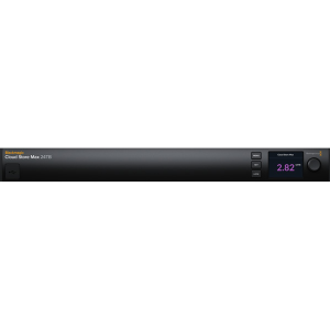 Servidor de almacenamiento Blackmagic Cloud Store Max 24TB en formato rack profesional, equipado con memoria flash integrada de alta velocidad, conexiones Ethernet 10G y 100G, monitorización HDMI y sincronización con Blackmagic Cloud para entornos broadcast y postproducción.