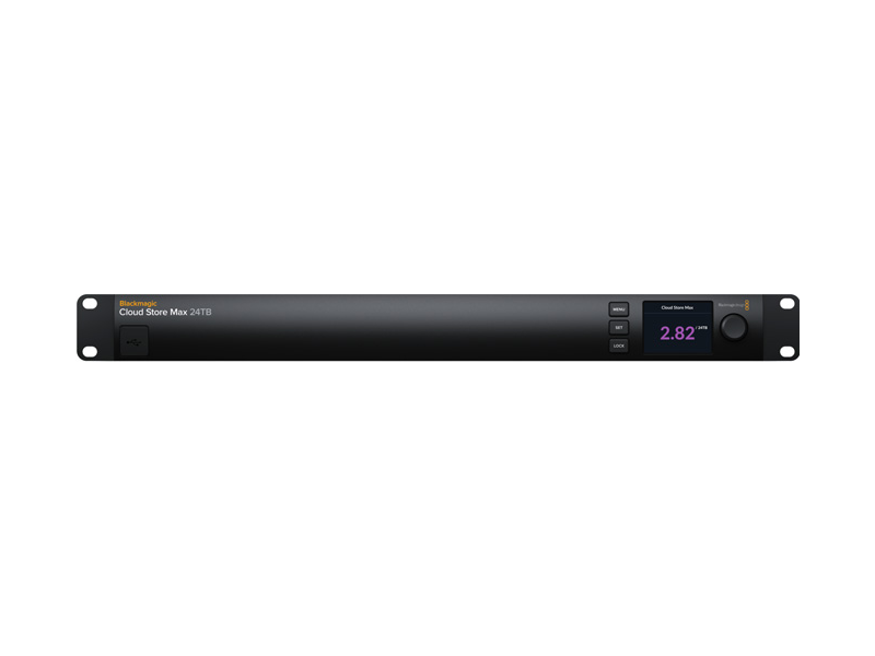 Servidor de almacenamiento Blackmagic Cloud Store Max 24TB en formato rack profesional, equipado con memoria flash integrada de alta velocidad, conexiones Ethernet 10G y 100G, monitorización HDMI y sincronización con Blackmagic Cloud para entornos broadcast y postproducción.