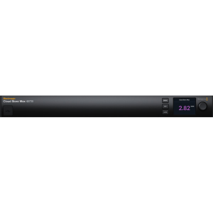 Servidor Blackmagic Cloud Store Max 48TB en formato rack profesional, equipado con almacenamiento flash de alta velocidad, puertos Ethernet 10G y 100G, monitorización HDMI integrada y sincronización Blackmagic Cloud para entornos broadcast y cine digital.
