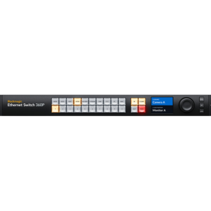 Blackmagic Ethernet Switch 360P switch profesional para redes audiovisuales IP SMPTE ST 2110 y producción broadcast.