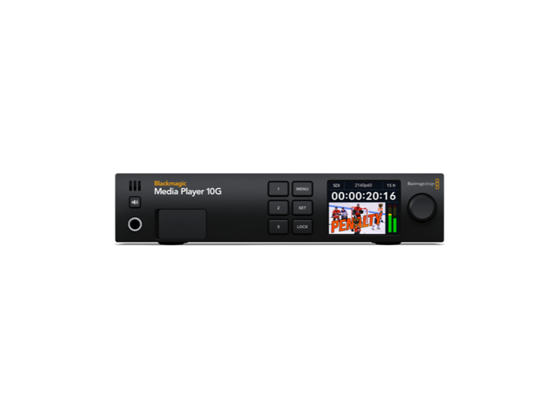 Dispositivo Blackmagic Media Player 10G en formato rack con conexión 10 Gigabit Ethernet para reproducción de vídeo profesional en redes, señalización digital y eventos en directo.