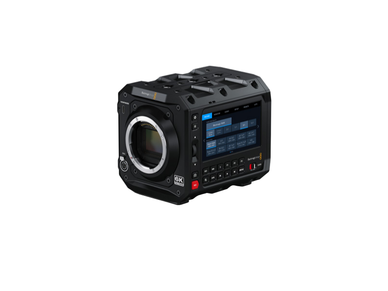 Cámara Blackmagic PYXIS 6K con cuerpo modular de aluminio, sensor Full Frame HDR 6K, pantalla táctil integrada, montura profesional para ópticas intercambiables, doble ranura CFexpress y conectividad Ethernet para producción cinematográfica avanzada.