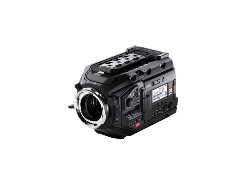 Cámara Blackmagic URSA Mini Pro 12K con sensor Super 35 RGBW, pantalla táctil abatible de 4 pulgadas, filtros ND integrados, grabación Blackmagic RAW y cuerpo profesional diseñado para producciones cinematográficas de alta gama.