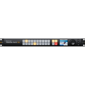 Blackmagic Videohub 10x10 12G router de vídeo profesional con matriz 10x10 12G-SDI y pantalla LCD integrada para producción broadcast.