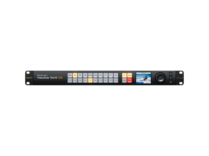 Blackmagic Videohub 10x10 12G router de vídeo profesional con matriz 10x10 12G-SDI y pantalla LCD integrada para producción broadcast.