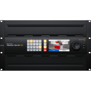 Blackmagic Videohub 120x120 12G router profesional de vídeo broadcast con matriz 120x120 12G-SDI y monitor LCD integrado.