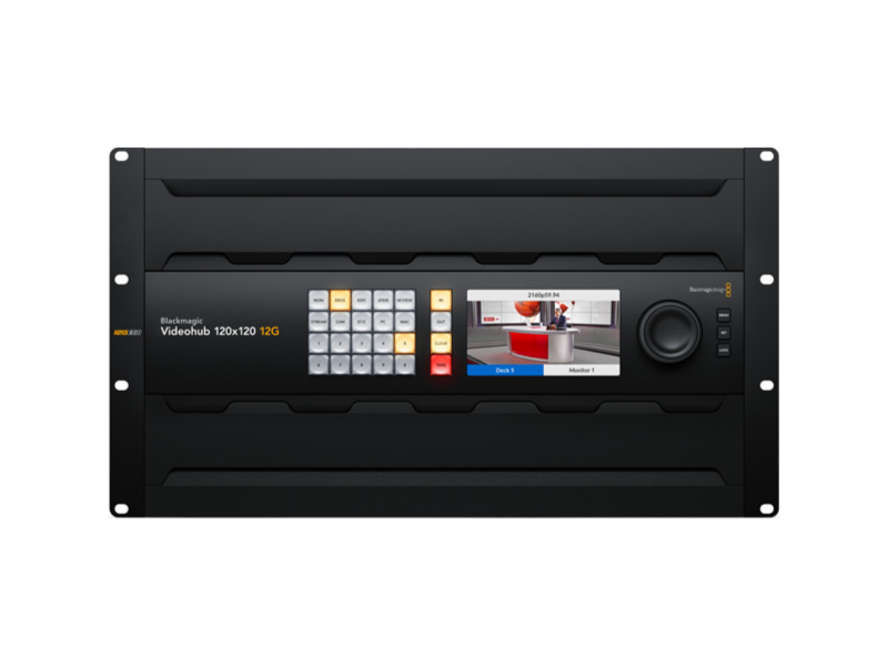Blackmagic Videohub 120x120 12G router profesional de vídeo broadcast con matriz 120x120 12G-SDI y monitor LCD integrado.