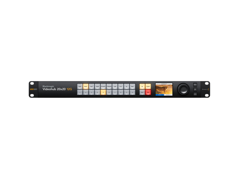 Blackmagic Videohub 20x20 12G matriz profesional de vídeo SDI con 20 entradas, 20 salidas y pantalla LCD integrada para entornos broadcast.