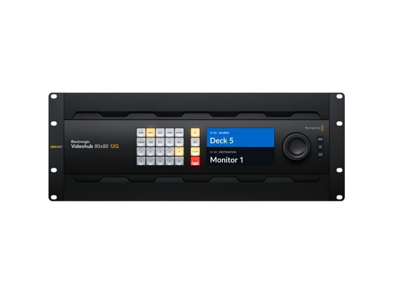 Blackmagic Videohub 80x80 12G matriz profesional de vídeo broadcast con 80 entradas y 80 salidas 12G-SDI y pantalla LCD integrada.