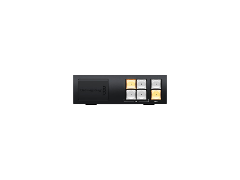Blackmagic Videohub Mini 4x2 12G router compacto SDI con 4 entradas y 2 salidas para producción audiovisual profesional y vídeo Ultra HD.