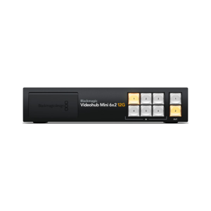 Blackmagic Videohub Mini 6x2 12G router compacto SDI con 6 entradas y 2 salidas para producción audiovisual y vídeo Ultra HD.