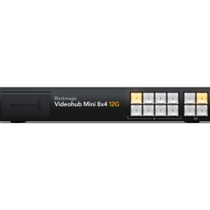 Blackmagic Videohub Mini 8x4 12G router compacto de vídeo SDI con 8 entradas y 4 salidas para producción broadcast y Ultra HD.