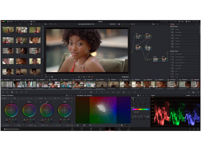 DaVinci Resolve Studio software profesional de edición de vídeo, corrección de color, efectos visuales Fusion y audio Fairlight.