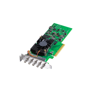 Tarjeta Blackmagic DeckLink 8K Pro Mini PCIe de perfil bajo con cuatro conexiones 12G-SDI bidireccionales, soporte hasta 8K DCI y diseño profesional para captura y reproducción en entornos de cine y broadcast.