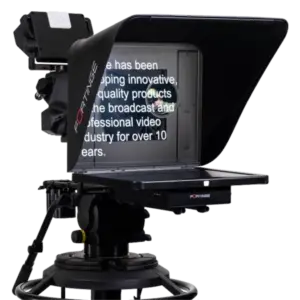 Fortinge ERA IP Studio Teleprompter con monitor profesional, cristal 70/30 y conectividad NDI, HDMI y 3G-SDI para estudios de televisión.