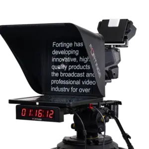 Fortinge ERA IP Studio Teleprompter con monitor profesional, cristal 70/30 y conectividad NDI, HDMI y 3G-SDI para estudios de televisión.