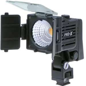 Antorcha LED PRO-X MAMBA para cámara con 1500 lux, temperatura de color ajustable de 2800K a 5600K y alimentación profesional de 7,2 V o 14,8 V.