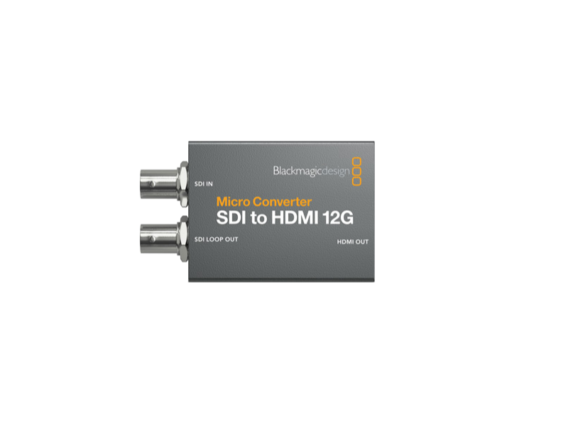 Conversor Blackmagic Micro Converter SDI to HDMI 12G ultracompacto para conversión profesional SDI a HDMI hasta 4K 60 fps en entornos broadcast.