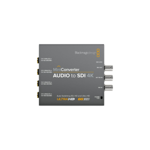 Conversor Blackmagic Mini Converter Audio to SDI 4K para inserción profesional de audio en señales SDI hasta Ultra HD en entornos broadcast y AV.
