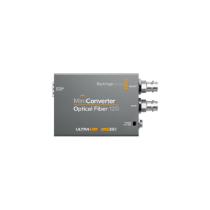 Conversor Blackmagic Mini Converter Optical Fiber 12G para transmisión de vídeo SDI por fibra óptica hasta 4K en entornos broadcast profesionales.