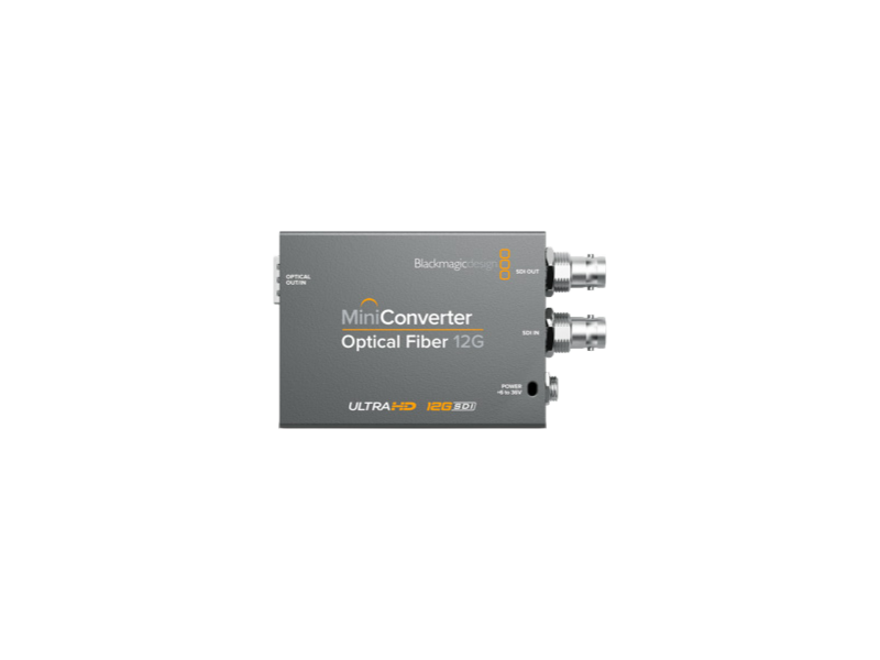 Conversor Blackmagic Mini Converter Optical Fiber 12G para transmisión de vídeo SDI por fibra óptica hasta 4K en entornos broadcast profesionales.