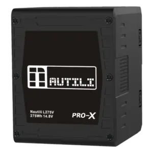Batería PRO-X Nautili L275V de 275 Wh con montura Micro V-Mount, salida P-Tap y puerto USB para producción audiovisual profesional.