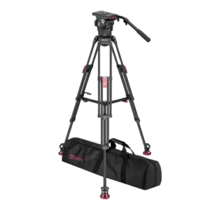 Sistema de trípode profesional OZEN 10EZ con rótula fluida AGILE 10 de 100 mm, trípode EZ-100 de fibra de carbono, esparcidor central y maleta de transporte para producción audiovisual profesional.