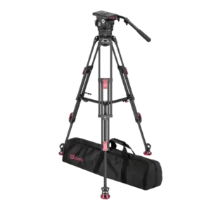 Sistema de trípode profesional OZEN 12CF2 con rótula fluida AGILE 12 y trípode de fibra de carbono de dos etapas para cámaras broadcast y producción audiovisual profesional.