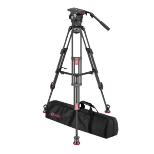 Sistema de trípode OZEN 15CF2 compuesto por rótula fluida AGILE 15 y trípode de fibra de carbono de dos etapas para aplicaciones broadcast y cinematográficas profesionales.