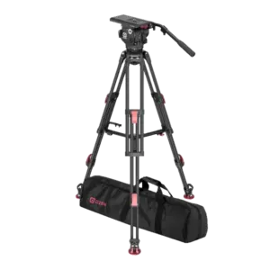 Sistema profesional OZEN 18CF2HD compuesto por rótula fluida AGILE 18 y trípode HD de fibra de carbono de dos etapas para producción broadcast y cinematográfica.