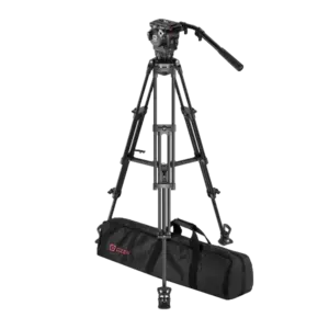 Sistema de trípode profesional OZEN 6AL2S compuesto por rótula fluida AGILE 6S de 75 mm, trípode de aluminio de dos etapas 75AL2, esparcidor central extensible y pies de goma para aplicaciones audiovisuales profesionales.