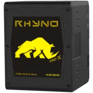 Batería PRO-X RHYNO 275 disponible en versiones V-Mount y B-Mount con tecnología bi-voltage, salida P-Tap, USB y alta tensión para cine y broadcast.
