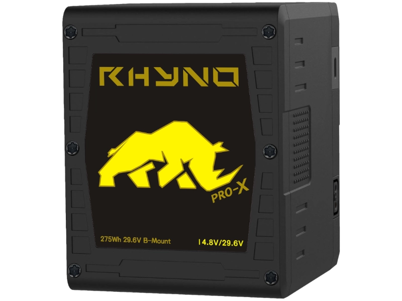 Batería PRO-X RHYNO 275 disponible en versiones V-Mount y B-Mount con tecnología bi-voltage, salida P-Tap, USB y alta tensión para cine y broadcast.
