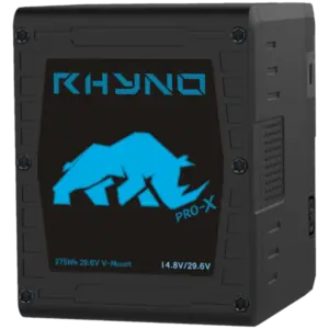Batería PRO-X RHYNO 275 disponible en versiones V-Mount y B-Mount con tecnología bi-voltage, salida P-Tap, USB y alta tensión para cine y broadcast.