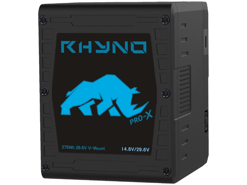Batería PRO-X RHYNO 275 disponible en versiones V-Mount y B-Mount con tecnología bi-voltage, salida P-Tap, USB y alta tensión para cine y broadcast.