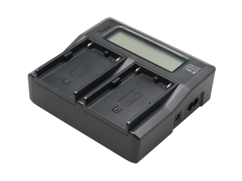 Cargador profesional PRO-X SCX-500UD para baterías Sony BP-U con doble posición de carga y pantalla LCD.