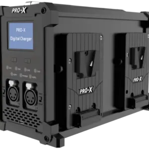 Cargador digital PRO-X TC-4SD para baterías V-Mount con pantalla LCD, carga inteligente y doble salida de alimentación DC.
