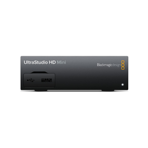 Dispositivo Blackmagic UltraStudio HD Mini con conexión Thunderbolt 3, entradas y salidas 3G-SDI y HDMI, diseñado para captura y reproducción de vídeo profesional en alta definición.