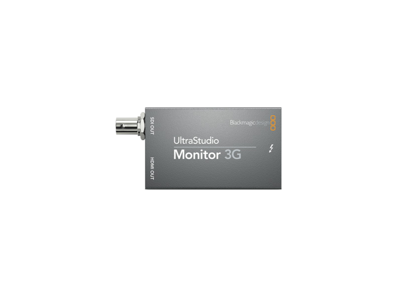 Dispositivo Blackmagic UltraStudio Monitor 3G compacto con conexión Thunderbolt 3, salida SDI y HDMI para monitorización profesional de vídeo hasta 1080p60 en entornos de edición y postproducción.