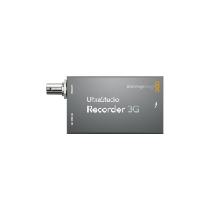 Dispositivo Blackmagic UltraStudio Recorder 3G compacto con conexión Thunderbolt 3, entradas SDI y HDMI y soporte hasta 1080p60 para captura de vídeo profesional en streaming y postproducción.