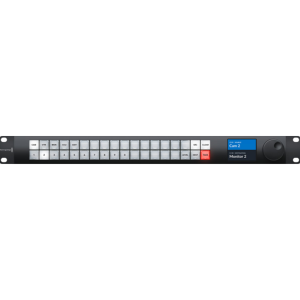 Blackmagic Videohub Master Control Pro panel profesional con pantalla LCD y dial rotativo para control de matrices Videohub.