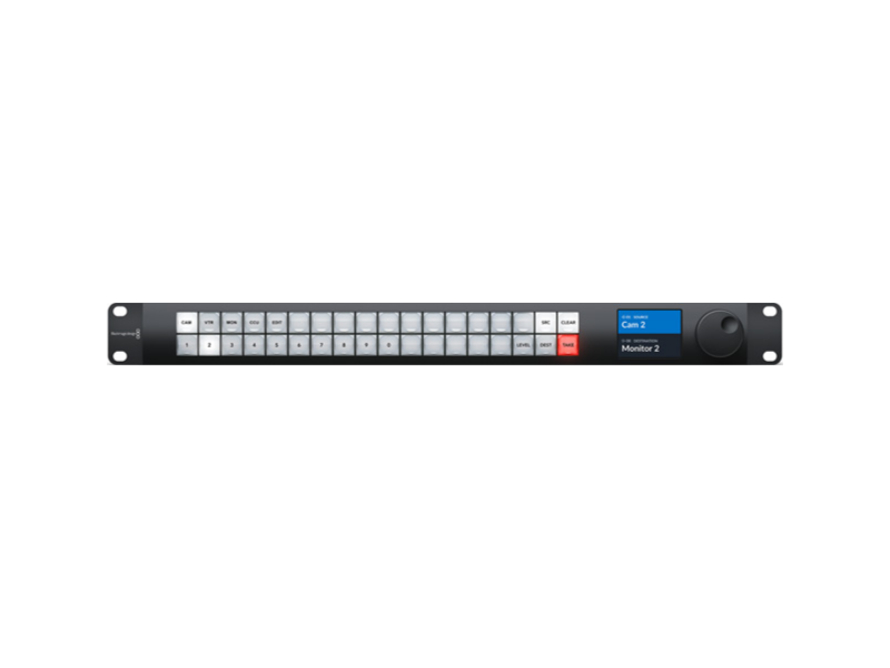 Blackmagic Videohub Master Control Pro panel profesional con pantalla LCD y dial rotativo para control de matrices Videohub.