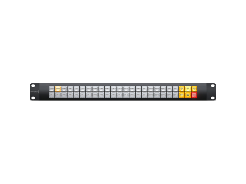 Blackmagic Videohub Smart Control Pro panel profesional con botones programables y pantallas LCD para control de matrices Videohub.