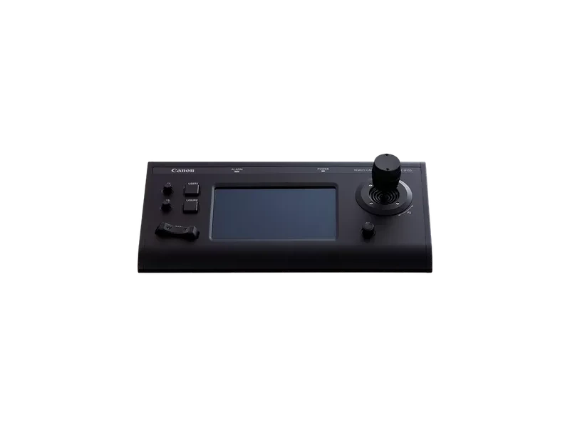 Controlador Canon RC-IP100 con pantalla táctil de 7 pulgadas y joystick profesional para el control remoto de cámaras PTZ Canon en producciones audiovisuales.